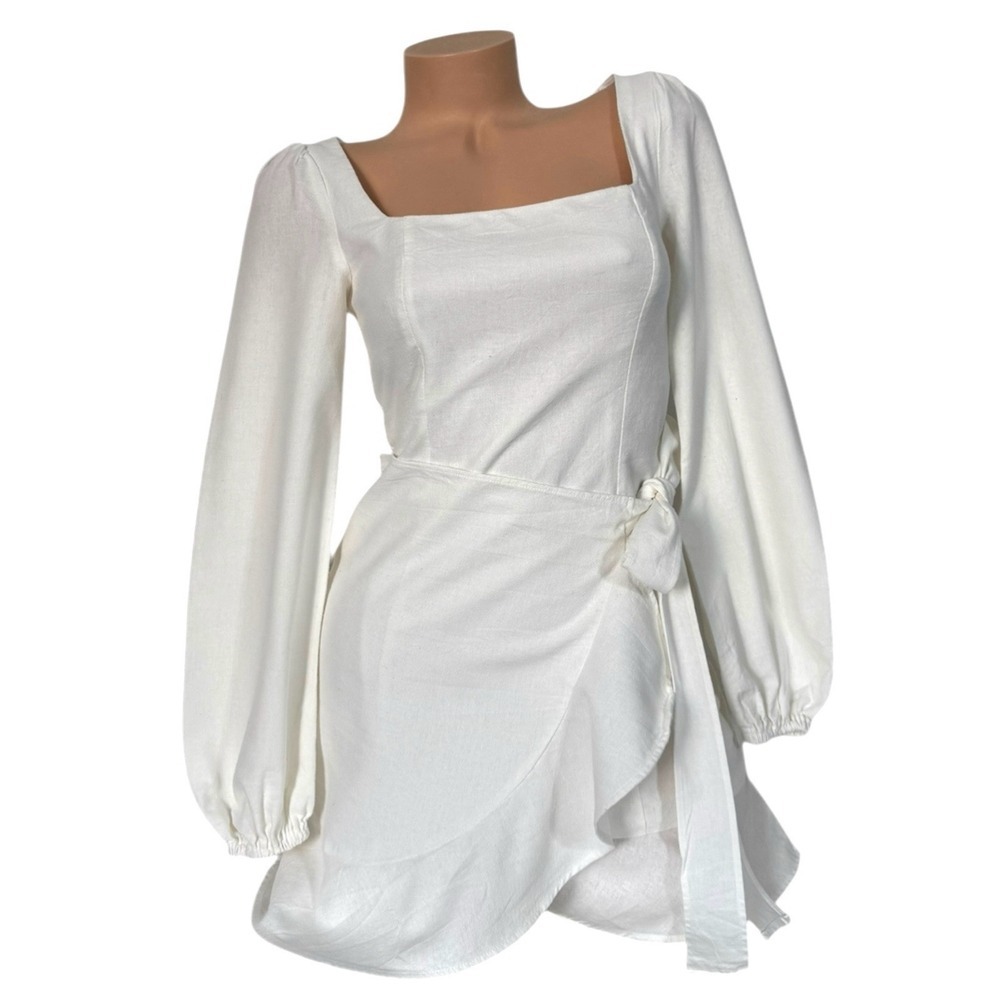 Princess Polly Women's Size 4 The Villa Mini Dress White Linen Blend Long Sleeve